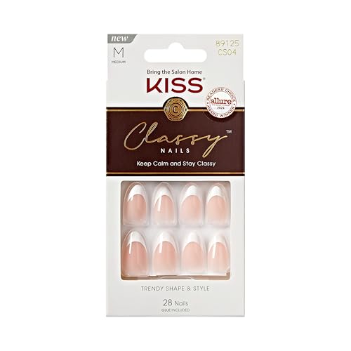 KISS Classy, Press On Nails, Nail glue included, 'Dashing', White, Medium Size, Almond Shape, Includes 28 Nails, 2g glue, 1 Manicure Stick, 1 Mini File