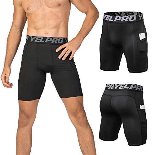 Leeofty Roupa interior ativo do exercício de Shorts da compressão de 3 homens do bloco com bolso