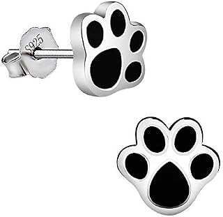Meyiert 925 Sterling Silver Black Paint Dog Paw Print Stud Earrings (with Gift Box)
