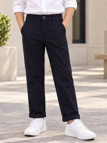 Image of KiddoPanti Boys 100% Cotton Twill Chinos Pant | Comfortable Regular Fit | 2 Side Pocket, 2 Back Pocket | Ankle Length | Back Elasticated Waistband with Button Zip Open Fly