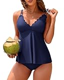 ANFILIA Flowy V Neck Tankini Top with Bottom Two Piece Scallop Trim Tankini Swimsuits Tummy Control Swimwear for Women Deep Blue