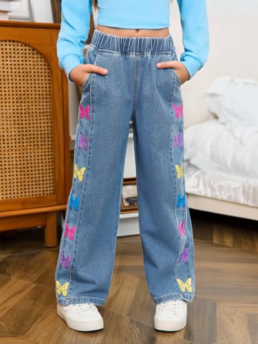 Haloumoning Girls Butterfly Print Jeans Kids Elastic Waist Wide Leg Denim Baggy Pants with Pockets 5-14Y3
