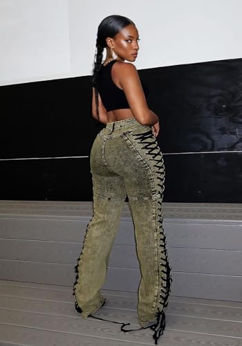 DINGANG High Waisted Sexy Jean for Women's Straight Leg Drawstring Lace Up Stretch Distressed Denim Pants3