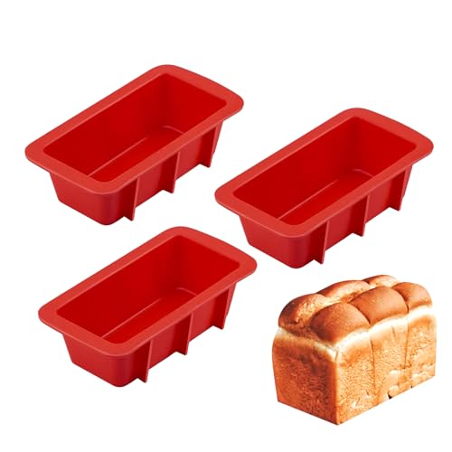 CANCYCC 3 Stück Silikon Backformen, Mini Silikonformen Backen 12cm, Antihaft Silikon Kuchenform, Wiederverwendbare, Mini Brotbackform für hausgemachte Brote, Kuchen, Hackbraten, Brownies, Rot
