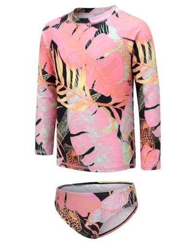 Image of Girls Two Piece Rash Guard Swimsuits Set Long Sleeve Bathing Suit with UPF 50+ Sun Protection Kids Sunsuits Swimwear Set