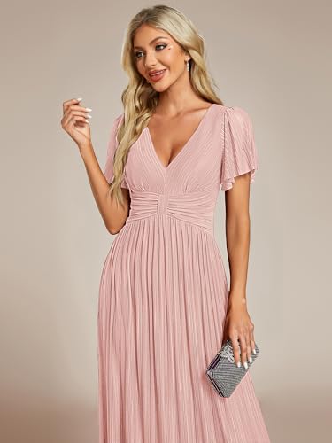 Image of Ever-Pretty Women's V-Neck Glitter Formal Dresses Pleated Short Sleeves Floor Length A-Line Mother of Bride Dress 11961