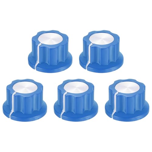 sourcing map 5Pcs Potentiometer Knob Fit 1/4" Shaft Pots, Set Screw Brass Insert, Blue Volume Controller Rotary Knobs for Guitar Effect Sound Pedal Replacement