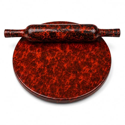 SSA Waterproof MDF Chakla Belan Set | 10 Inch Waterproof Rolling Board with 12 Inch Wooden Belan | Handcrafted Marble Design | Non Slip Surface | Roti Chapati Paratha Puri Dough Roller | Red Kitchen