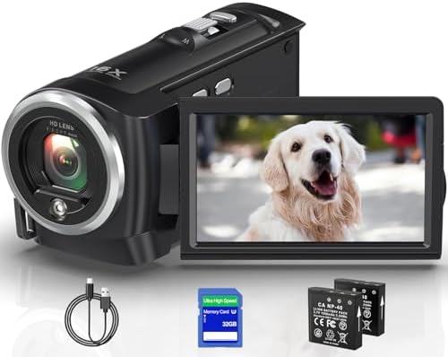 Gcasio 2.7K Video Camera Camcorder QHD 56MP YouTube Vlogging Camera Webcam 16X Digital Zoom with 32G SD Card 270 Degree Rotation Screen Camcorders and 2 Batteries Recording While Charging