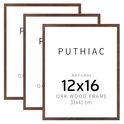 puthiac 12x16 Walnut Oak Wood Picture Frame - Minimalist 12x16 Poster Frame, 12"x16" Picture Frame Wood, Natural Solid Wooden Picture Frames for Wall Art Photo and Prints (3 Pack, Walnut)