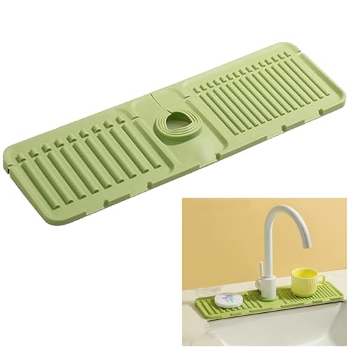 Faucet Mat for Kitchen Sink,2024 Upgrade to Enhanced Silicone Splash Guard with Rapid Drying and Dish Soap Sponge Holder for drying mat Sink in Kitchen,Bathroom,RV&Camper(Green, Extra Large)