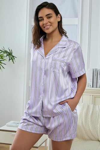 Image of YiNi LuLu Womens Silk Satin Shorts Pajamas Set Button Down 2 Piece Pjs Short Sleeve Oversized Sleepwear with Pockets