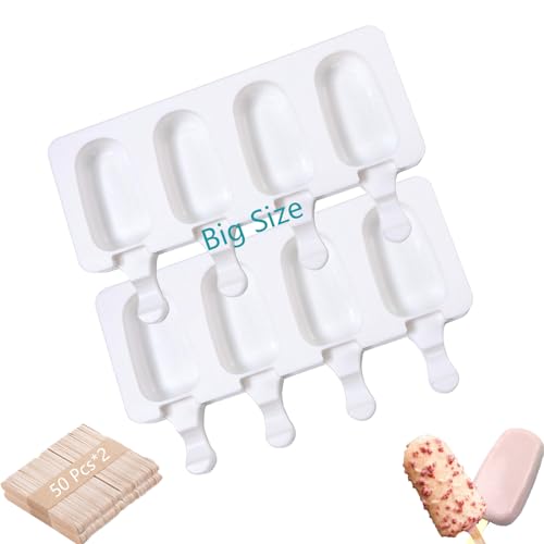 Atsmoce® 2 Packs Molde Helado con 4 Cavidades, Molde Helados Silicona de Chocolate Magnum, Molde Paletas, Popsicle Moldes sin BPA, con 100 Palos Madera, Fácil de liberar (Ovalado y Ondulado)
