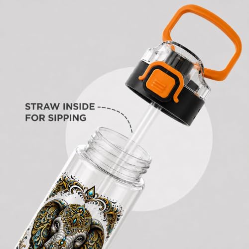 Image of Majestic Walk Elephant Printed Water Bottle 1 Litre with Straw & Gulp Drinking