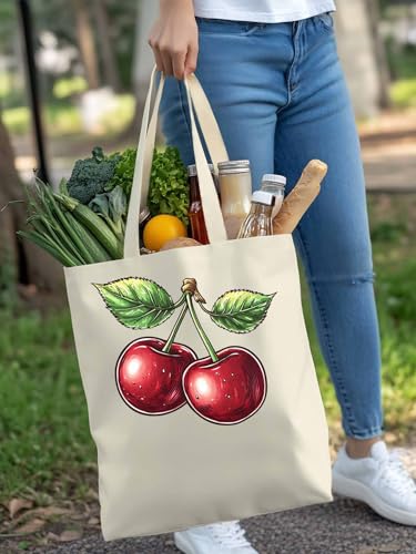 Canvas Tote Bags,Grocery Shopping Cloth Bag Pastoral Red Cherry Reusable Shoulder Bags Tote Bag for Travel Work Gym4