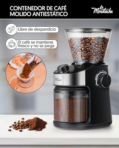 La Moustache - Molinillo de Café Eléctrico 200W con Mecanismo Plano de Acero Inoxidable 190g | 25 Grados de Molido【Bajo Ruido】Contenedor Transparente, Temporizador y Cepillo (GrindMaster Black) - imagen 8