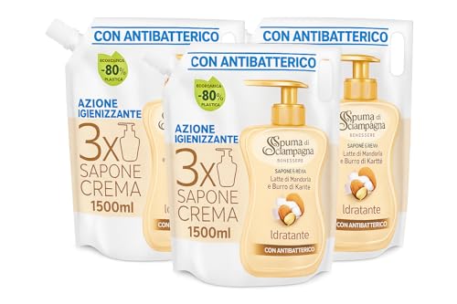 Spuma di Sciampagna Sapone Liquido Mani, Latte di Mandorla, Ricarica 1,3L, Confezione da 3 (3,9L Totale)