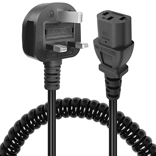 GELRHONR Kettle Lead Power Coiled Cable,90 Degree 3 Pin Power Lead Spring Spiral Cable for Computer,Monitor,TV,Halogen Oven (Straight C13)