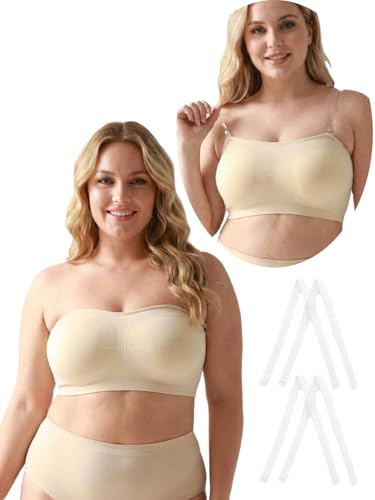 newnice Strapless Bra for Women Cloud Soft Non-Slip Silicone Padded Bandeau Bras No Compression Design Tube Top Push Up (CA/US, Alpha, Large, Regular, Regular, Beige, Beige)