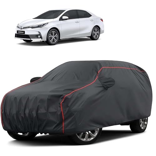Image of Sulfar 100% Water Resistant Car Body Cover Compatible with Mirror for Toyota Corolla Altis (Triple Stitched, Full Bottom Elastic, Dark Grey Taffeta with Red Piping)