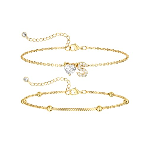 Image of NECOCY Initial Heart Diamond Anklets for Women Waterproof, Non Tarnish 14k Gold Plated Letter Ankle Bracelets Dainty, Summer Beach Bikini Jewelry Gifts for Women