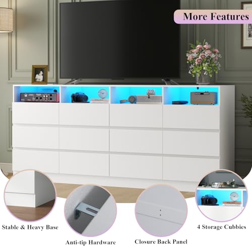 Image of Loomie 12-Cell Divided Drawers White Dresser with Charging Station & Led Lights for Bedroom, Long 63 inch Wide Dresser TV Stand for TVs up to 75 inch, Large Dressers Organizer with 4 Open Cubbies