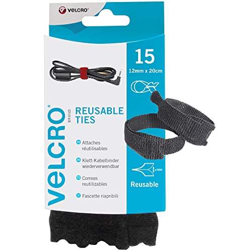 Velcro Marque One-Wrap Attaches Réutilisables, Multi-Usage, Parfaites Pour Ranger Les Accessoires De Bureau, Les Câbles Et Aménager La Maison, Noir 12 Mm X 20 Cm, Lot De 15