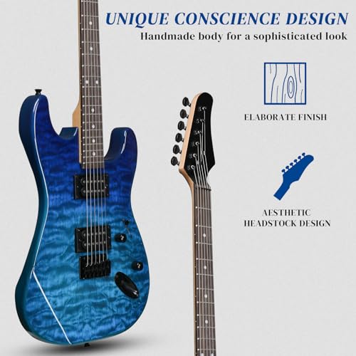 Image of Ktaxon 39 Inch Solid Body Electric Guitar with H-H Pickup, Ocean Blue | 6 Strings Guitarra Electrica with Gig Bag, Strap, Whammy Bar, Maple Neck for Beginners & Musicians, Rock Metal, Right Hand