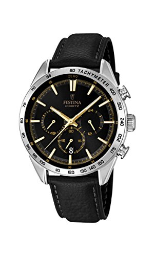 Festina Men's Quartz Watch with Black Dial Chronograph Display and Black Leather Strap F16844/3
