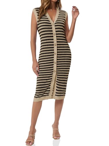 Image of Saodimallsu Womens Sleeveless Summer Cardigan Striped V Neck Button Up Loose Knit Midi Sweater Tank Dress