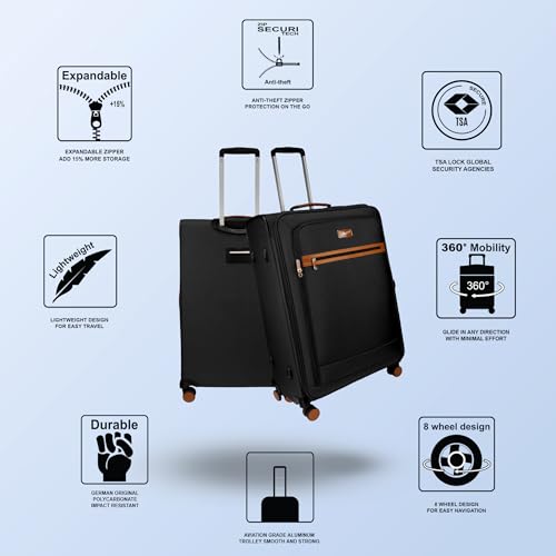 Image of F Gear Softair Medium Soft Luggage | Lightweight Expandable Carry-On Trolley Bag with 360 Spinner Wheels, Silent 8-Wheel System, Built-in TSA Lock, Anti-Theft Zipper & Luggage Tag (Black)