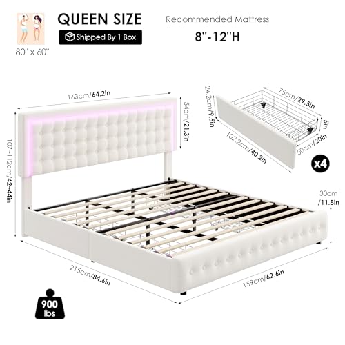 LED Upholstered Queen Bed Frame with Charging Station, Storage Drawers, Adjustable Headboard, Beige