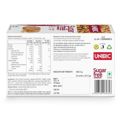 Image of Unibic Sugar Free Cashew Cookies 202.5g I Low GI No Maida I Sugar-Free Snack I Healthy Cookies (weight may vary) (Pack of 3)