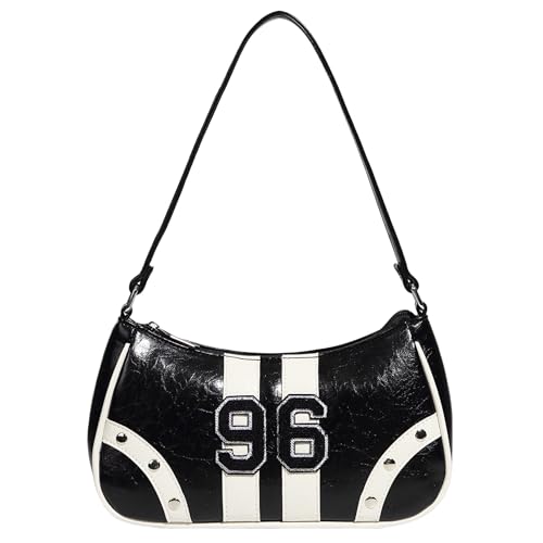 Pandalein Damen Vintage Schultertasche Sportliche Handtasche Mode Henkeltasche im Retro-Sportstil aus Kunstleder (Schwarz)