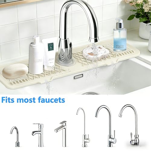 Image of EBIGIC 24 Inch Silicone Faucet Mat for Kitchen Sink, 7 Slope Fast Self-Draining Sink Splash Guard, Kitchen Sink Water Catcher Organizer, Kitchen Sink Accessories (off-white, 24''x5.6'')