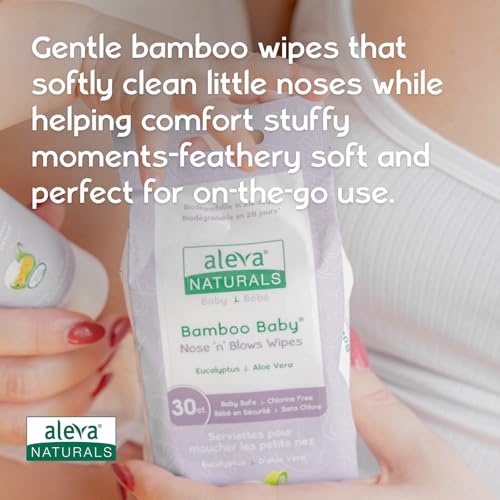 Aleva Naturals Bamboo Baby Nose \'n\' Blows Wipes for Cleaning Stuffy Noses with Saline, Natural and Organic Formula, Extra Strong and Ultra-Soft, Biodegradable - Value Pack 30ct X 3= 90 Wipes