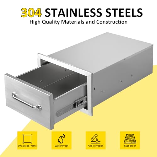 Image of Outdoor Kitchen Drawers 14 inch W x 8.5 inch H x 23 inch D Flush Mount Single BBQ Drawers with Chrome Handle Built-in Stainless Steel Drawer for Outdoor Kitchen Island, Patio Grill Station