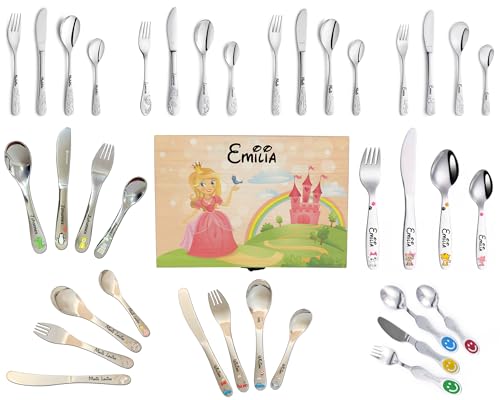 Kinderbesteck Set mit Gravur Name Geburtsdatum 4 teilig aus Edelstahl in edler Holz-Box (mit Motiv, Name und Widmung) / sehr grosser Motivauswahl - mit echter Lasergravur