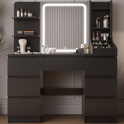 TRIUMPHKEY Coiffeuse avec Miroir LED, Luminosité Réglable, Table de Maquillage avec 4 Étagères...