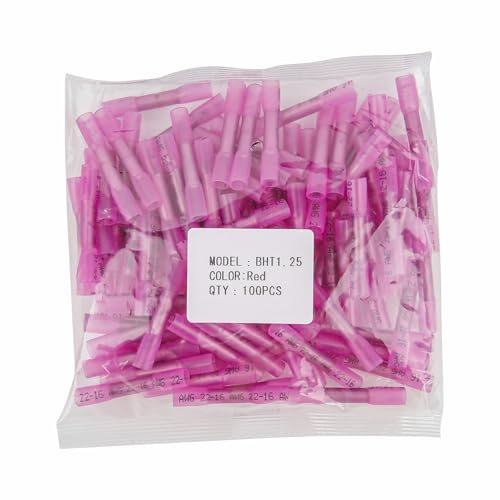 Husaicte 100pcs Heat Shrink Butt Connectors?22-16 AWG Waterproof Grade Butt Connectors?Crimp Wire Connectors for Boats, Trucks, and Stereos, HBT1.25