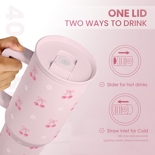 Image of SANDJEST Cherry 40oz Slider Tumbler with Handle and Straw - Insulated Stainless Steel Travel Coffee Mug for Women Girls, Gift for Birthday Christmas