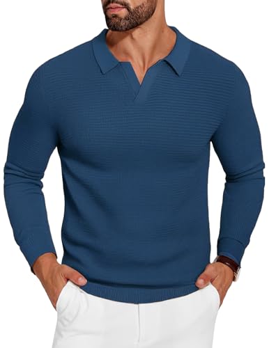 COOFANDY Mens Sweaters and Pullovers Knit Polo Sweater Long Sleeve Polos Lightweight Casual Dress Pullover Sweaters Navy Blue