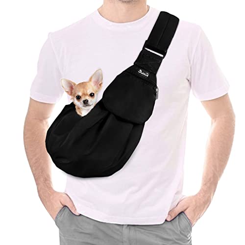 Lukovee Pet Sling, Hand Free Dog Sling Carrier Adjustable Padded Strap Tote Bag Breathable Cotton Shoulder Bag Front Pocket Safety Belt Carrying Small Dog Cat Puppy Machine Washable (Black, S)