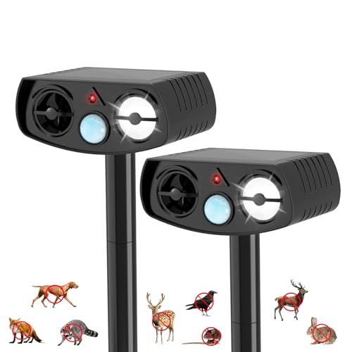 Outdoll Solar Powered Animal Repeller, Ultrasonic Pest Deterrent with LED Strobe Light, Green, Motion Sensor, 14.8 Inch Stake, for Yard Garden 2 Packs