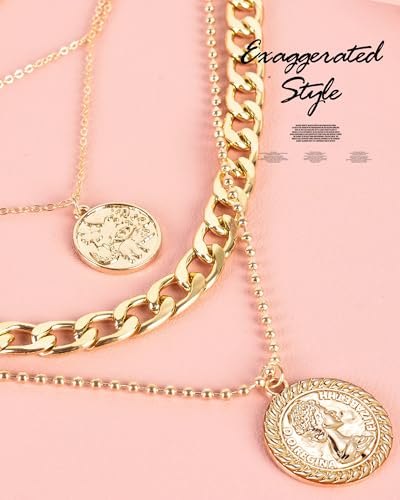 MJartoria Gold Layered Necklaces for Women Trendy Retro Coin Pendant Necklace Dainty Chunky Chain Necklaces for Jewelry Birthday Gifts4