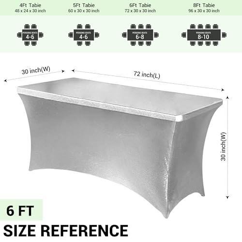 Image of Obstal 6ft Stretch Spandex Table Cover for Standard Folding Tables - Universal Rectangular Fitted Tablecloth Protector for Wedding, Banquet and Party, 72L x 30W x 30H Inches, Stamping Silver, 2pc