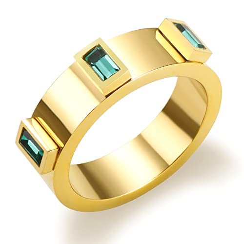 JINHUI Green Emerald Ring for Women, 18k Gold Plated Emerald Cut Engagement Ring Band, Dainty May Birthstone Ring Jewelry (Size 7#/8#/9#)