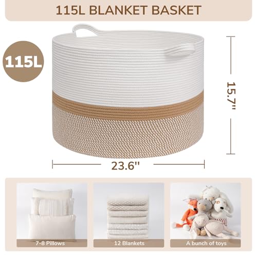 Image of INDRESSME 115L Extra Large Cotton Rope Basket, Woven Baby laundry Blanket Basket for Home Decor Living Room Nursery, Toy Storage Baskets for Kids Boys Girls, White & Camel Mix
