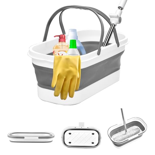 Cubo plegable para fregona con asa y ruedas, contenedor de plástico pequeño plegable de 12 L para limpieza del hogar, lavado de coches, cesta portátil para organizador de almacenamiento, gris