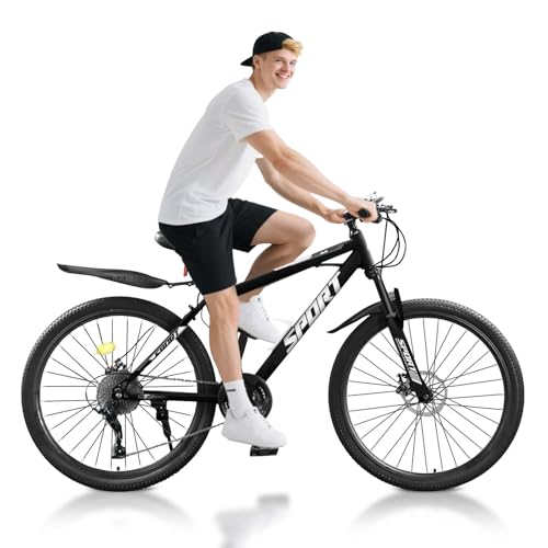 Rovyfota 26Inch Mountain Bike 21 Speed MTB Bicycle with High Carbon Steel Frame Suspension Fork Dual-Disc Brake for Adult youth Men Womens Bikes (Black-2)